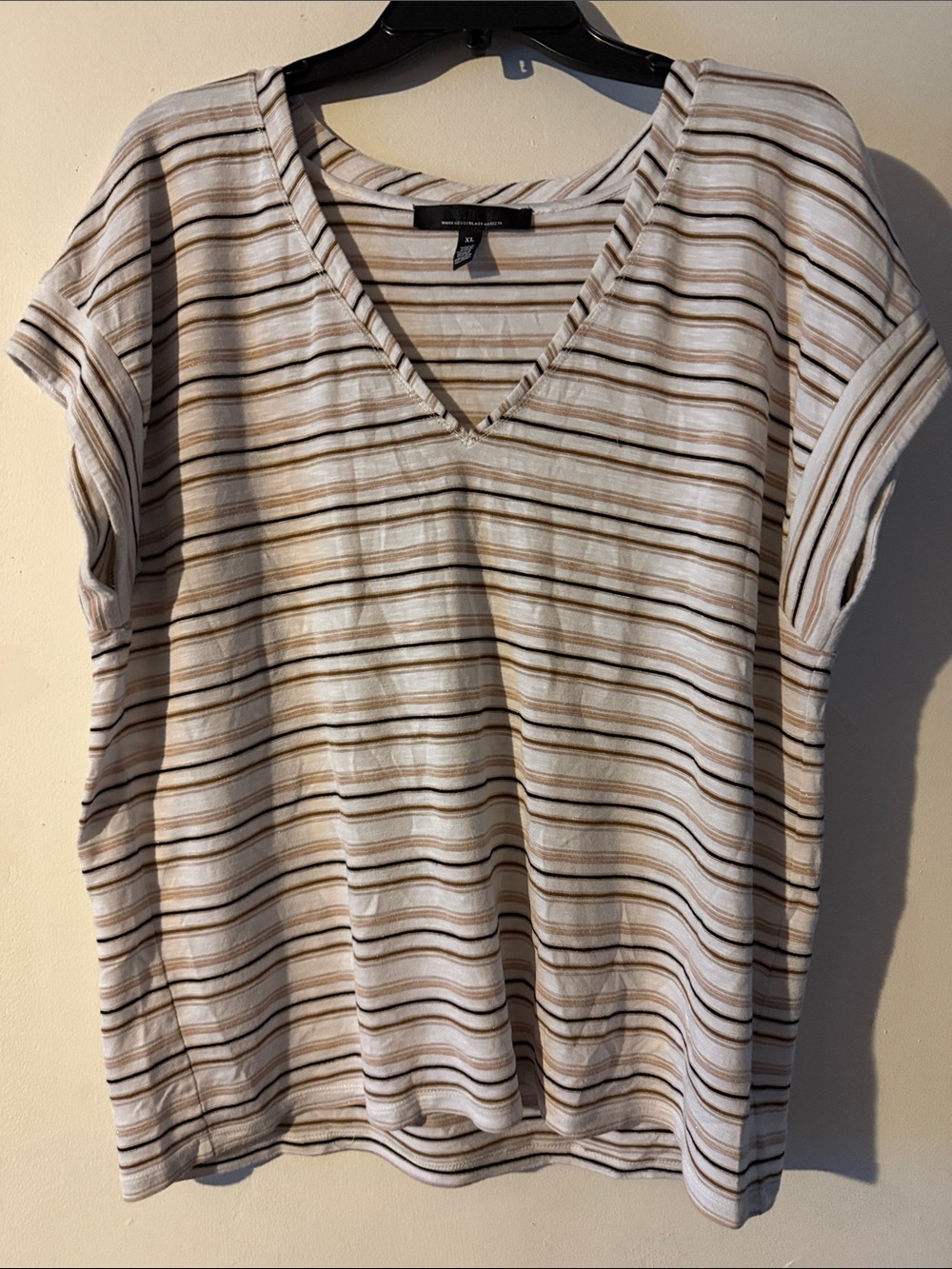 White House Black Market Striped V-Neck Short Sleeve Tee in Cream and Brown